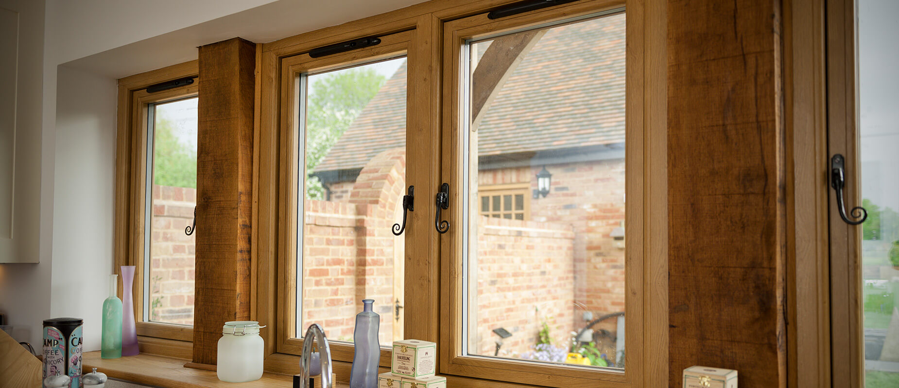 Oak effect flush sash window interior view