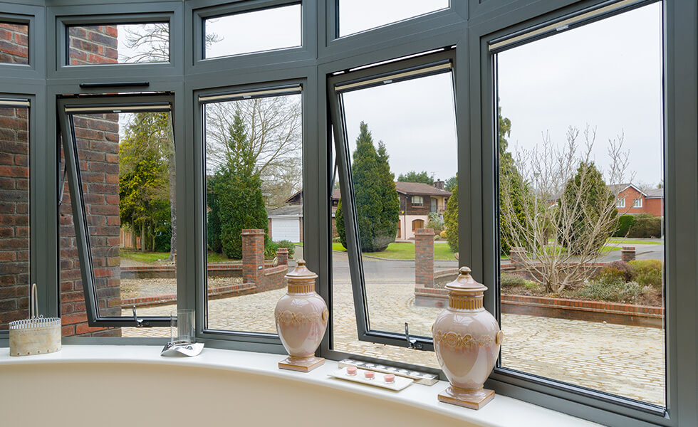 Grey aluminium bow window interior view