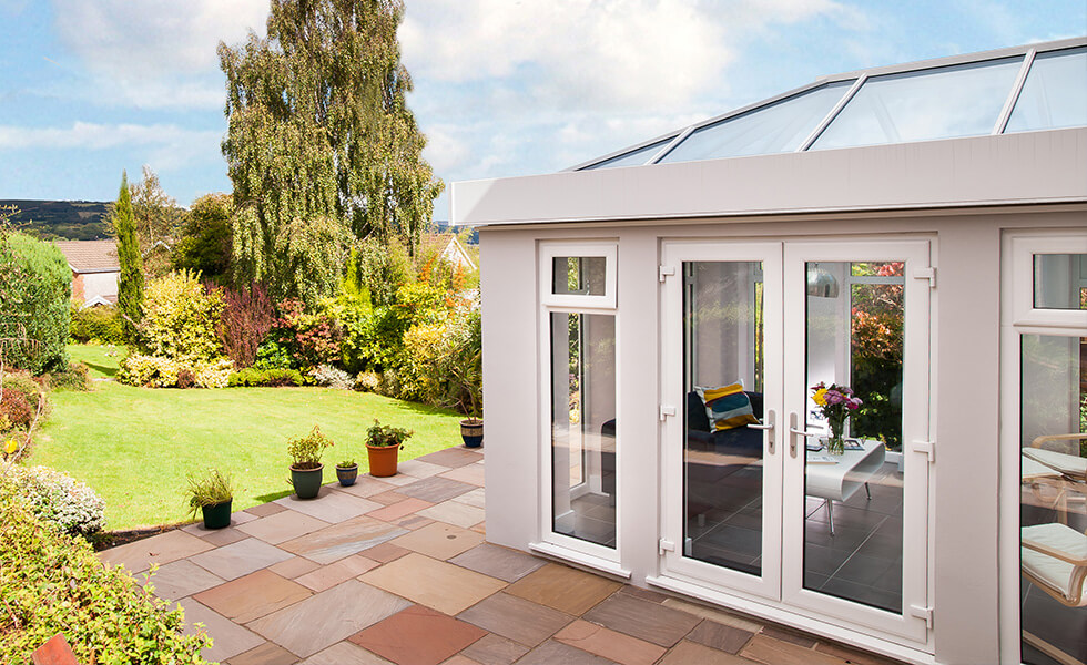 Grey uPVC orangery installation