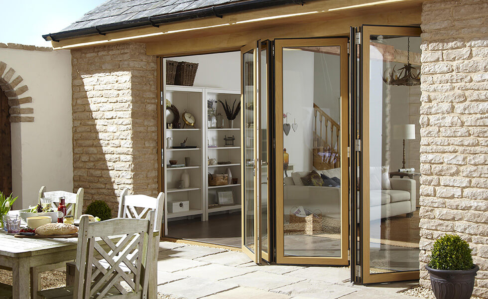 Bifold doors in wood effect.