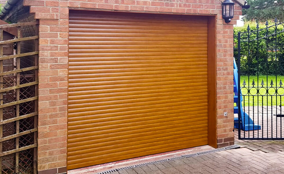 Oak effect roller garage door