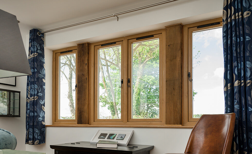 Oak effect uPVC flush sash window interior view