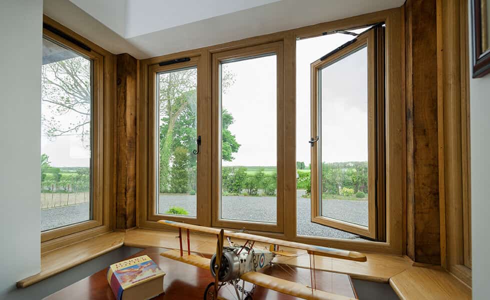 Oak effect uPVC flush sash window interior view