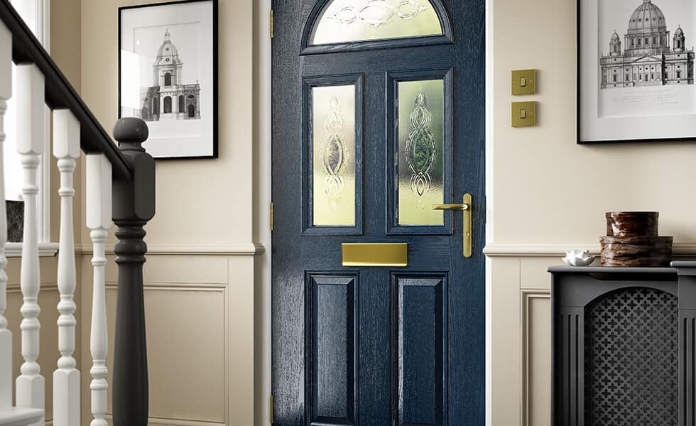 Blue composite front door interior view