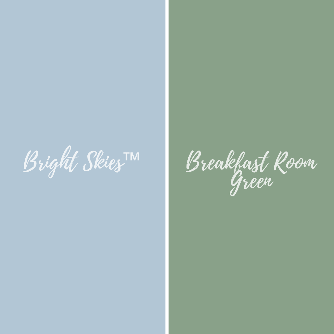 An infographic showing colours Bright skies blue and Breakfast Room Green.
