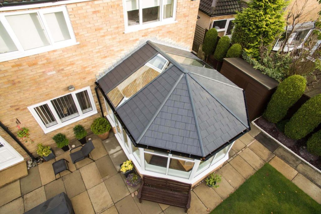 tiled roof with glass window from above