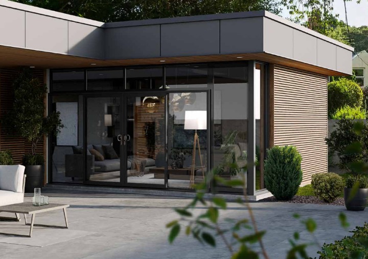 Sleek black aluminium sliding patio doors on a contemporary home, blending indoor and outdoor living with minimalist design and ample natural light.