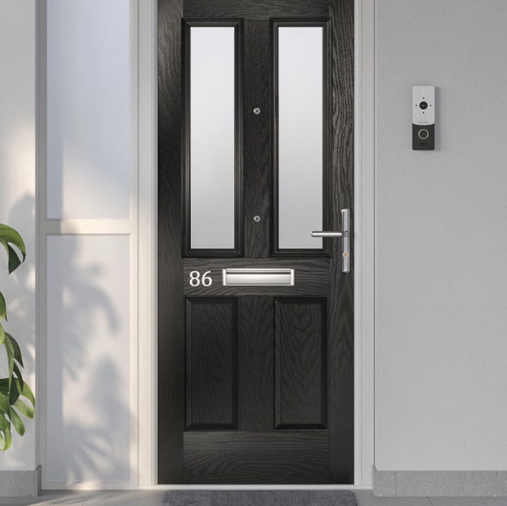 Stylish composite fireproof entrance door in black with frosted glass panels and house number 86, perfect for modern homes.