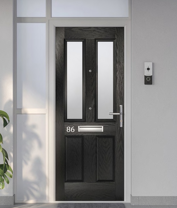 Stylish fireproof composite entrance door in a dark wood finish with contemporary glazing and house number 86. Includes smart doorbell.