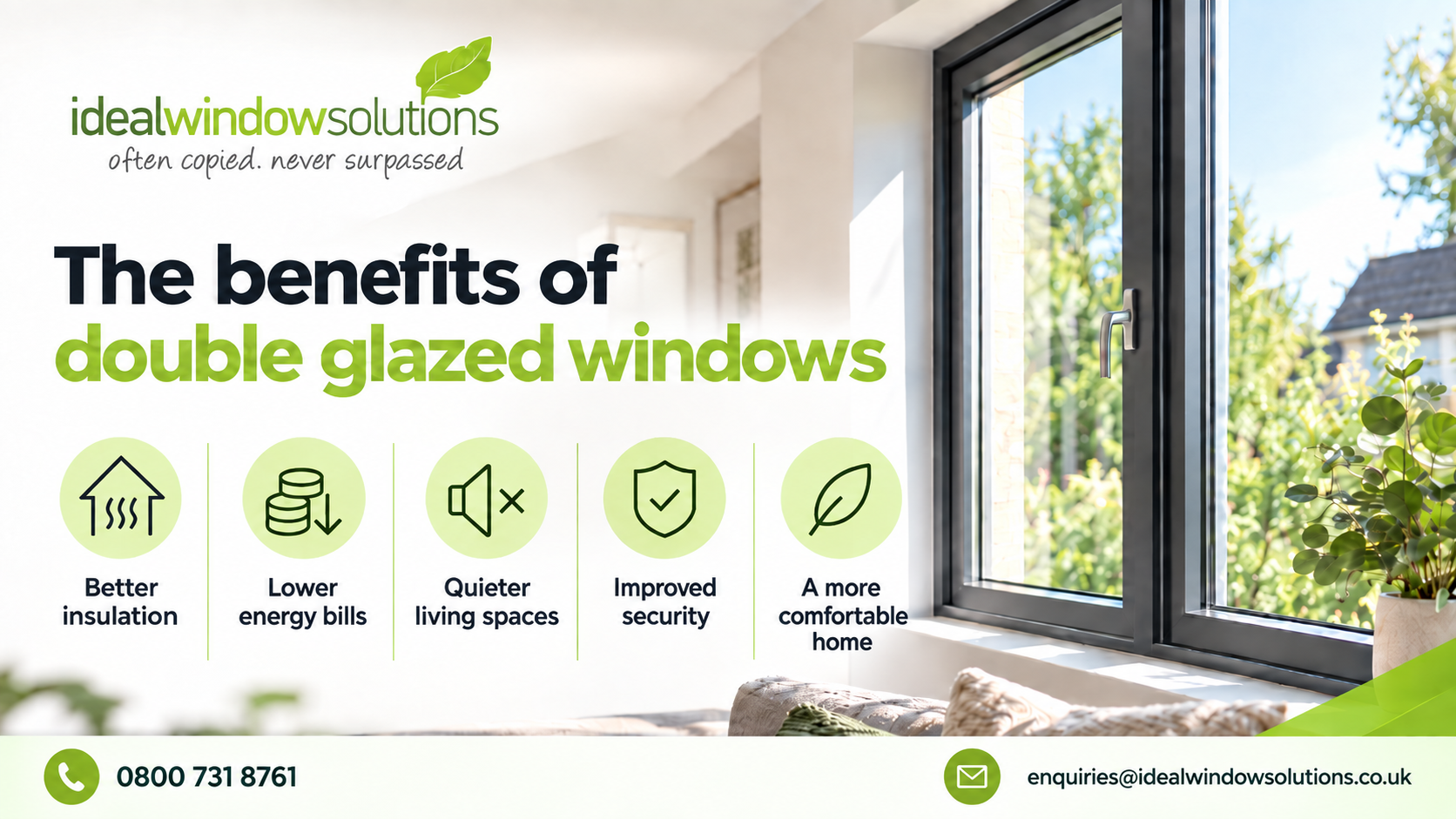 Ideal Window Solutions infographic on double glazing benefits: insulation, lower bills, less noise, security and comfort
